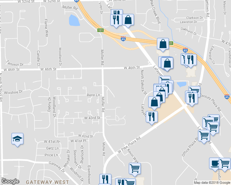 map of restaurants, bars, coffee shops, grocery stores, and more near 4435 Courtfield Dr in Indianapolis