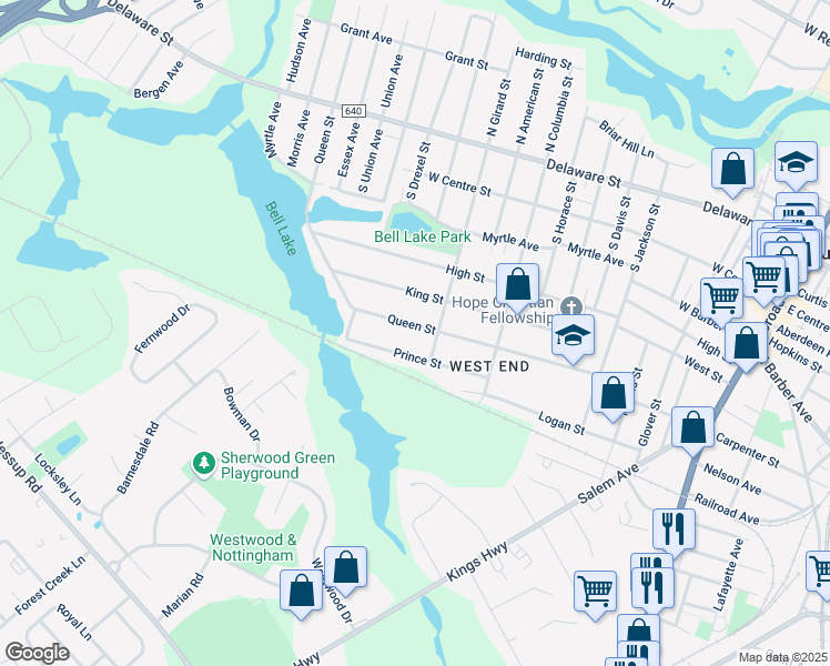 map of restaurants, bars, coffee shops, grocery stores, and more near 523 Queen Street in Woodbury