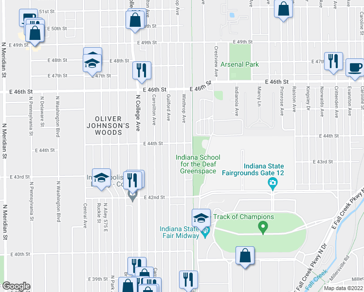 map of restaurants, bars, coffee shops, grocery stores, and more near 4349 Guilford Avenue in Indianapolis
