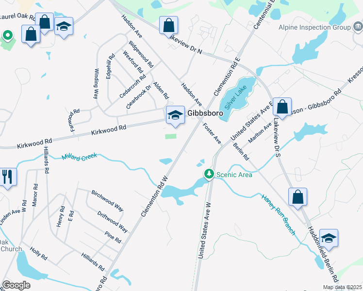 map of restaurants, bars, coffee shops, grocery stores, and more near 42 Clementon Road West in Gibbsboro