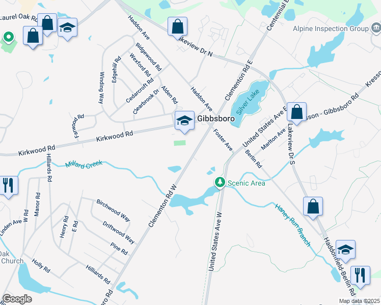 map of restaurants, bars, coffee shops, grocery stores, and more near 42 Clementon Road West in Gibbsboro