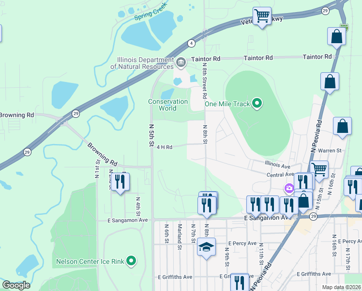 map of restaurants, bars, coffee shops, grocery stores, and more near 4 H Road in Springfield