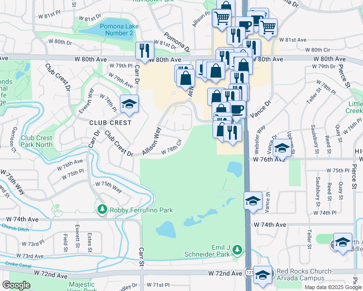 map of restaurants, bars, coffee shops, grocery stores, and more near 8038 West 78th Circle in Arvada