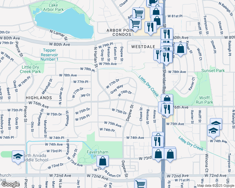 map of restaurants, bars, coffee shops, grocery stores, and more near 5799 West 76th Drive in Arvada