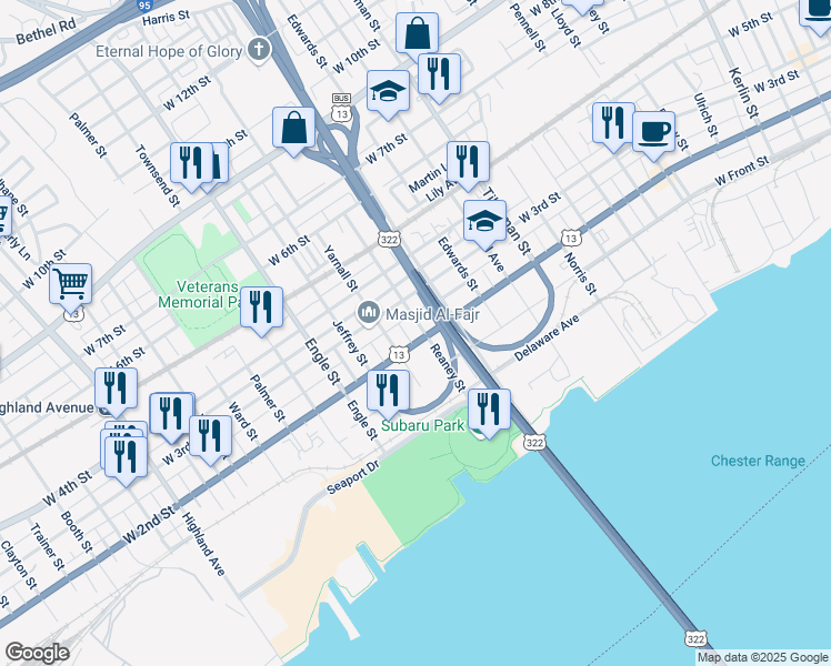 map of restaurants, bars, coffee shops, grocery stores, and more near 1920 West 2nd Street in Chester