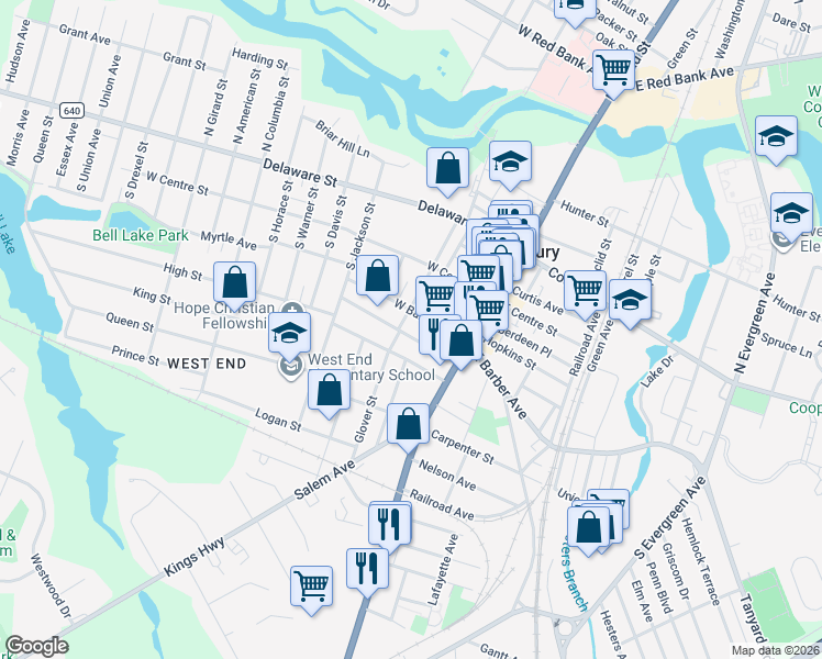 map of restaurants, bars, coffee shops, grocery stores, and more near 53 High Street in Woodbury