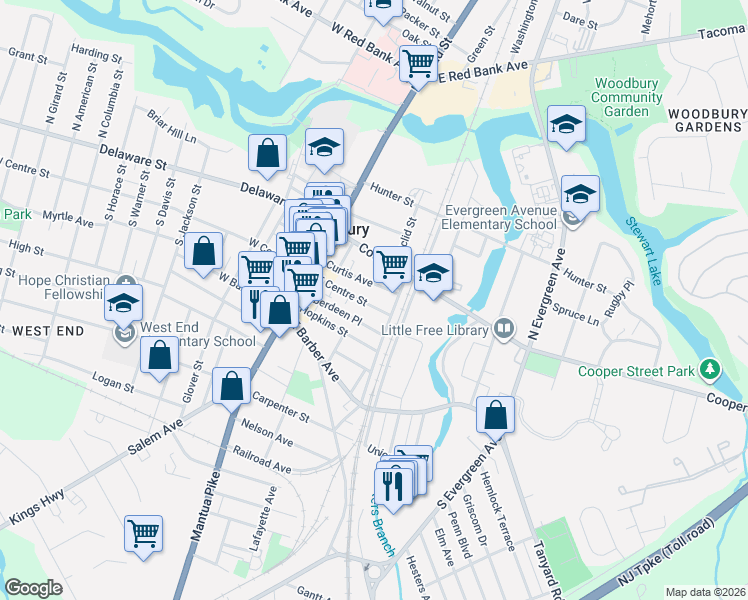 map of restaurants, bars, coffee shops, grocery stores, and more near 67 East Centre Street in Woodbury