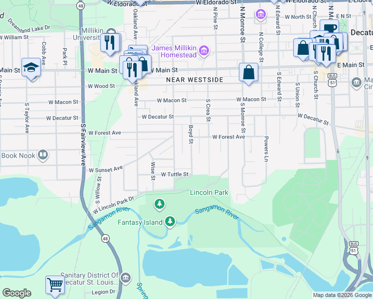 map of restaurants, bars, coffee shops, grocery stores, and more near 1-99 Lincoln Pl in Decatur