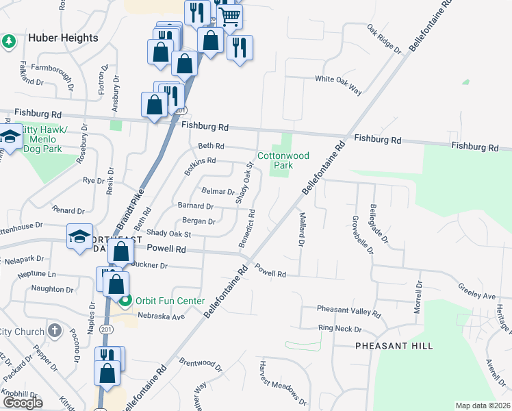 map of restaurants, bars, coffee shops, grocery stores, and more near 5690 Benedict Road in Dayton