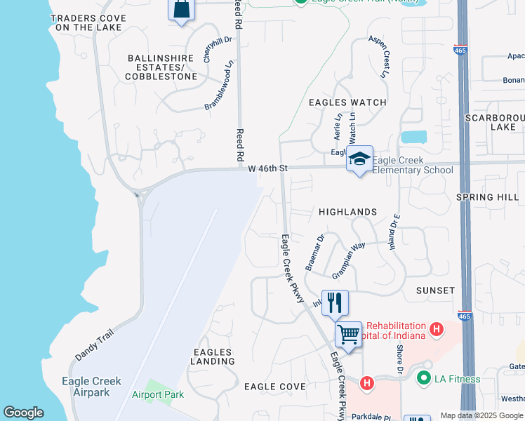 map of restaurants, bars, coffee shops, grocery stores, and more near 4371 Village Parkway Circle West in Indianapolis