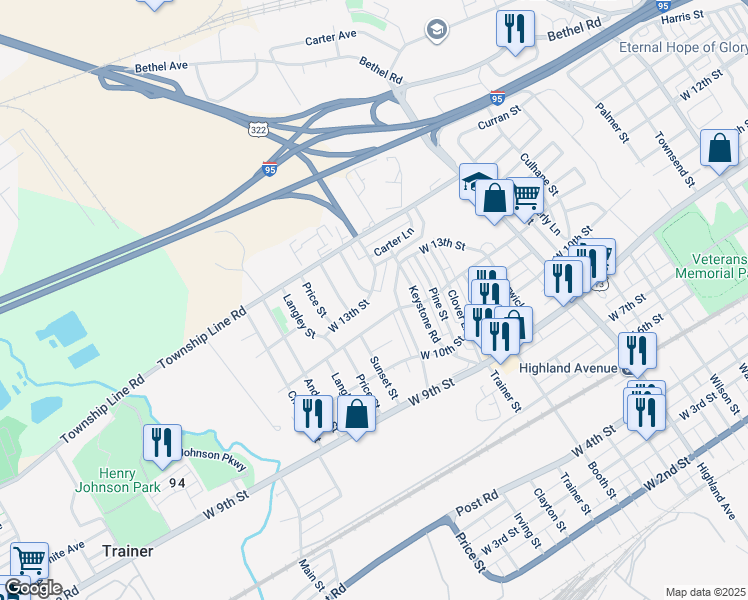 map of restaurants, bars, coffee shops, grocery stores, and more near 3507 West 13th Street in Trainer