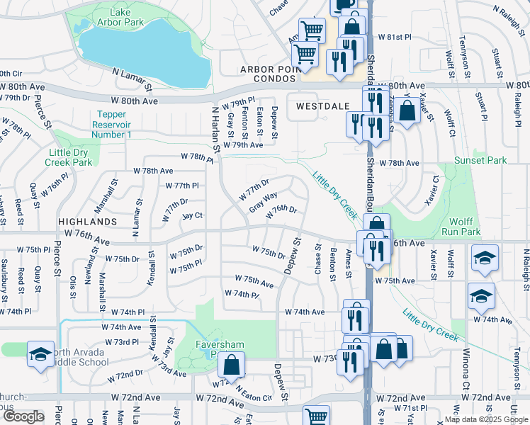 map of restaurants, bars, coffee shops, grocery stores, and more near 5799 West 76th Drive in Arvada