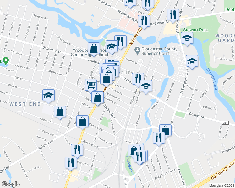 map of restaurants, bars, coffee shops, grocery stores, and more near 37 Aberdeen Place in Woodbury