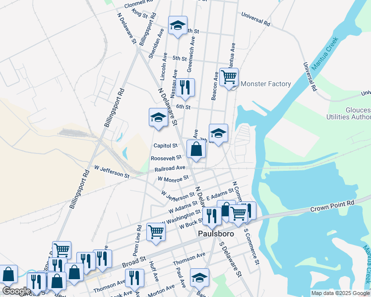 map of restaurants, bars, coffee shops, grocery stores, and more near 735 North Delaware Street in Paulsboro