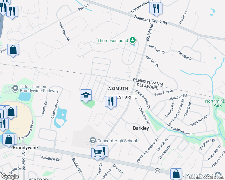 map of restaurants, bars, coffee shops, grocery stores, and more near 2701 Bellows Court in Wilmington