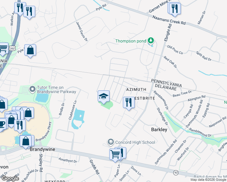map of restaurants, bars, coffee shops, grocery stores, and more near 330 Delta Road in Wilmington