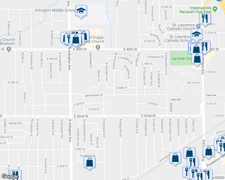map of restaurants, bars, coffee shops, grocery stores, and more near 6214 Meadowlark Drive in Indianapolis