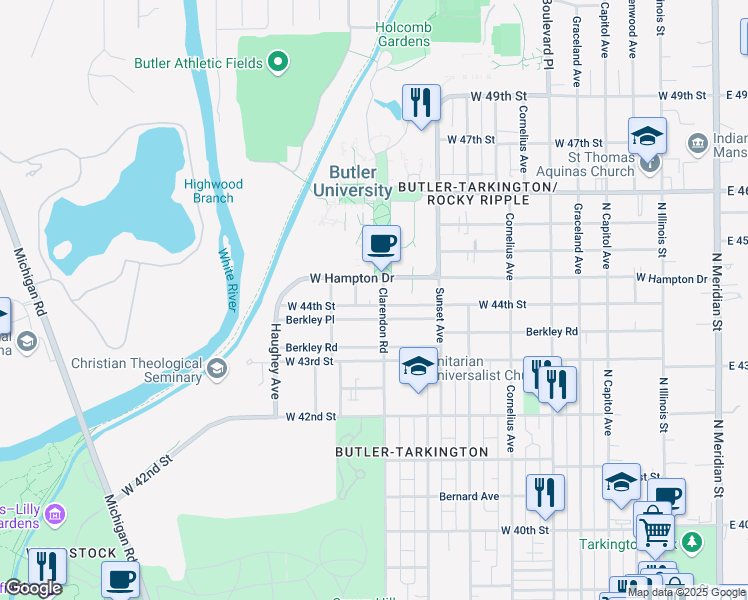 map of restaurants, bars, coffee shops, grocery stores, and more near 717 West 44th Street in Indianapolis