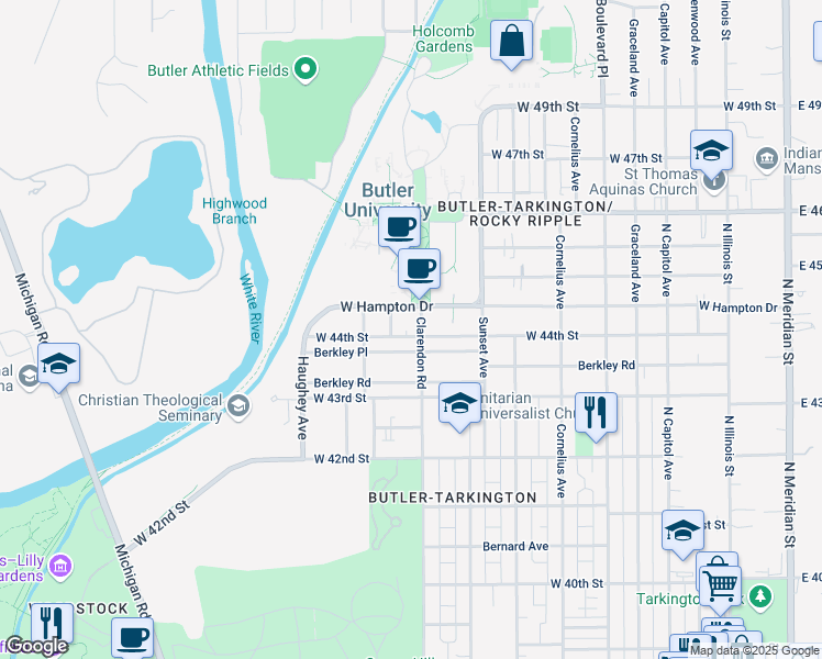 map of restaurants, bars, coffee shops, grocery stores, and more near 705 West Hampton Drive in Indianapolis