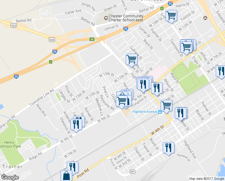 map of restaurants, bars, coffee shops, grocery stores, and more near 1133 Clover Lane in Chester
