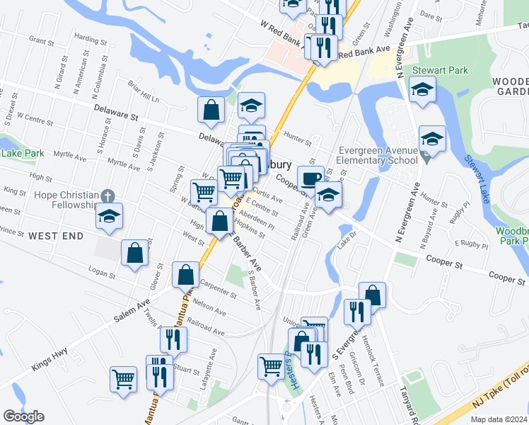 map of restaurants, bars, coffee shops, grocery stores, and more near 37 East Centre Street in Woodbury