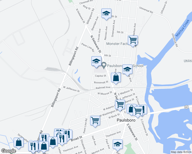 map of restaurants, bars, coffee shops, grocery stores, and more near 66 Capitol Street in Paulsboro