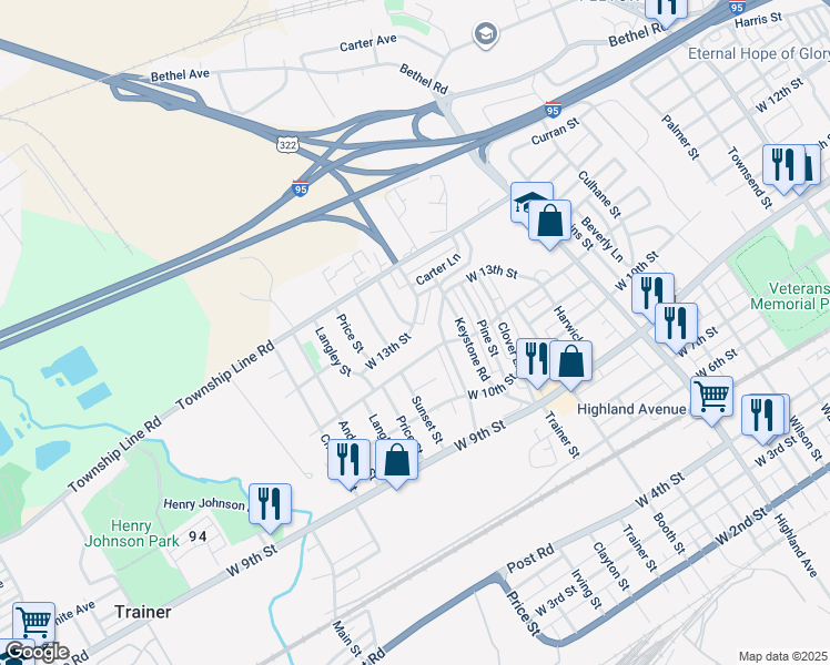 map of restaurants, bars, coffee shops, grocery stores, and more near 3519 West 13th Street in Trainer