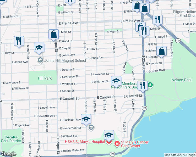 map of restaurants, bars, coffee shops, grocery stores, and more near 1701-1899 E Whitmer St in Decatur