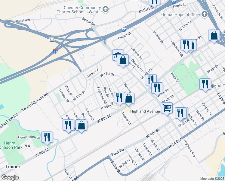 map of restaurants, bars, coffee shops, grocery stores, and more near 1135 Clover Lane in Chester