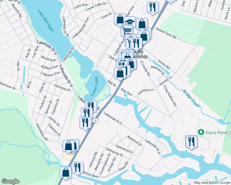 map of restaurants, bars, coffee shops, grocery stores, and more near 304 South Main Street in Lacey Township