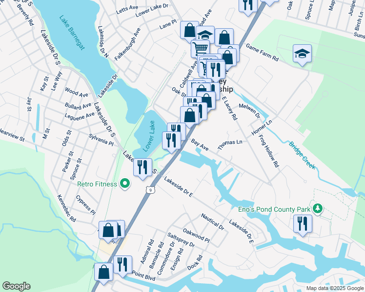 map of restaurants, bars, coffee shops, grocery stores, and more near 304 South Main Street in Lacey Township