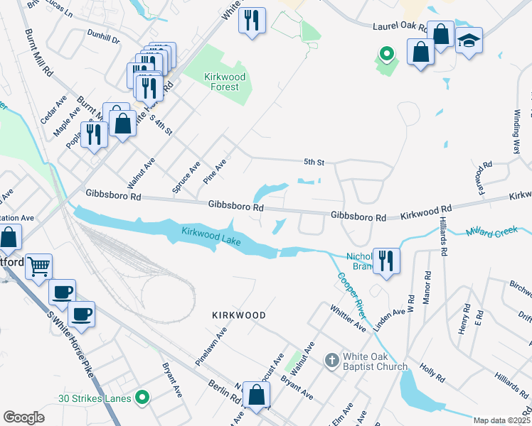 map of restaurants, bars, coffee shops, grocery stores, and more near Kirkwood Road in Gibbsboro