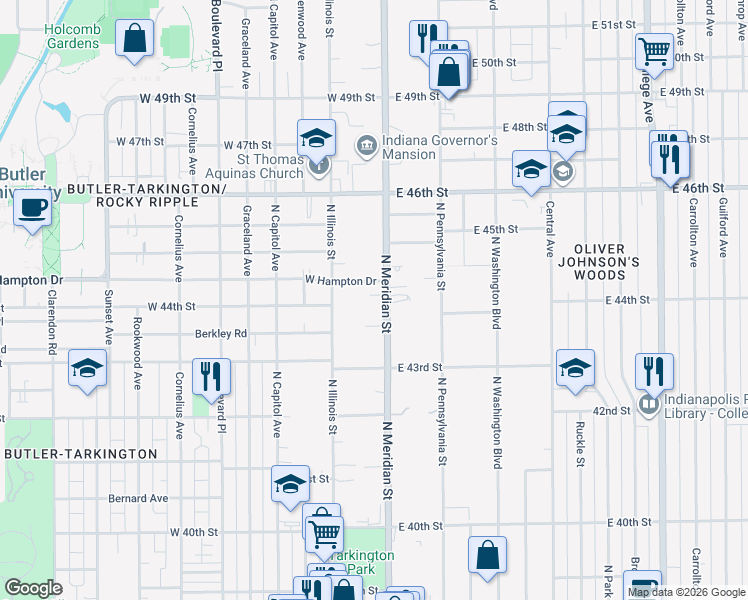map of restaurants, bars, coffee shops, grocery stores, and more near 4404 North Meridian Street in Indianapolis