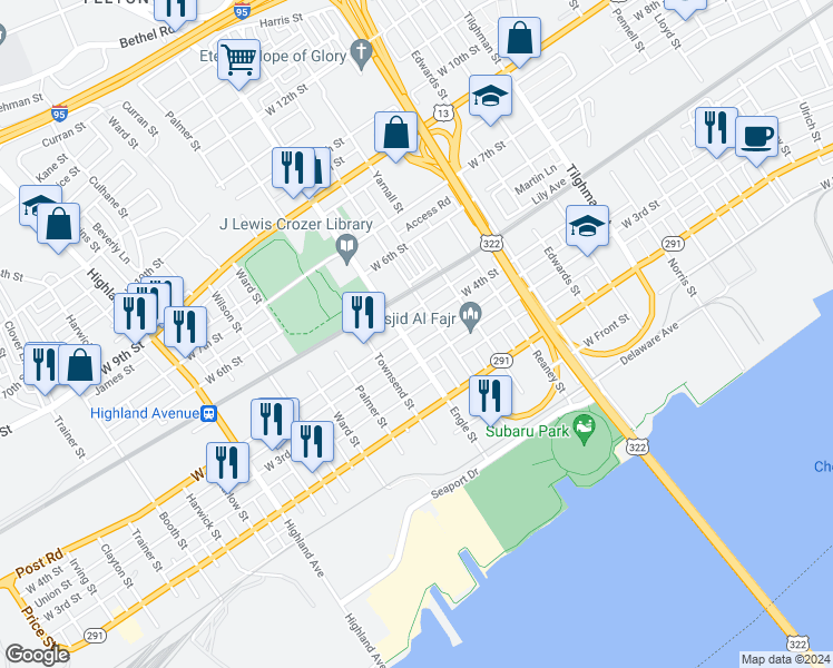 map of restaurants, bars, coffee shops, grocery stores, and more near 2121 West 4th Street in Chester