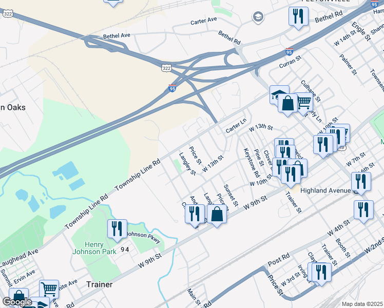 map of restaurants, bars, coffee shops, grocery stores, and more near 1344 Price Street in Trainer