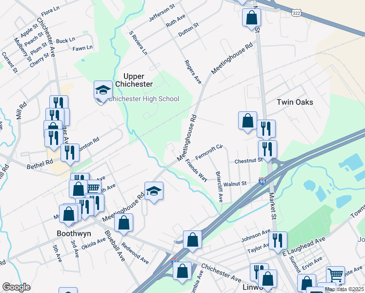 map of restaurants, bars, coffee shops, grocery stores, and more near 652 Meetinghouse Road in Boothwyn