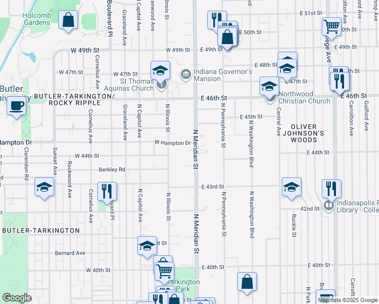 map of restaurants, bars, coffee shops, grocery stores, and more near 4404 North Meridian Street in Indianapolis