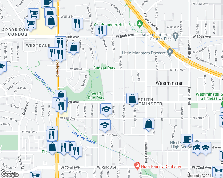 map of restaurants, bars, coffee shops, grocery stores, and more near 7664 Stuart Street in Westminster