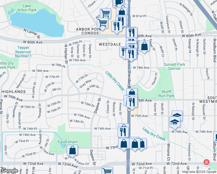 map of restaurants, bars, coffee shops, grocery stores, and more near 7626 Depew Street in Westminster
