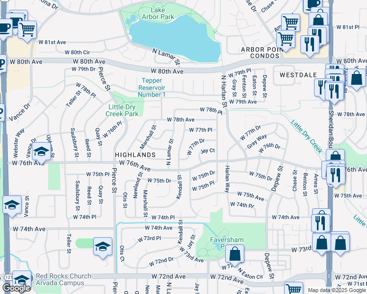 map of restaurants, bars, coffee shops, grocery stores, and more near 6277 West 77th Drive in Arvada