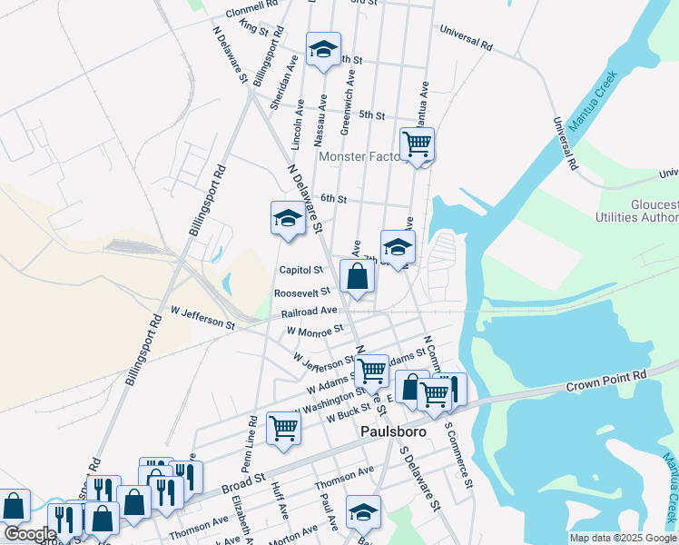 map of restaurants, bars, coffee shops, grocery stores, and more near 735 North Delaware Street in Paulsboro
