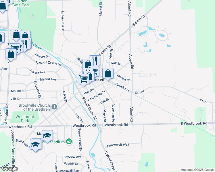 map of restaurants, bars, coffee shops, grocery stores, and more near 201 Sycamore Street in Brookville