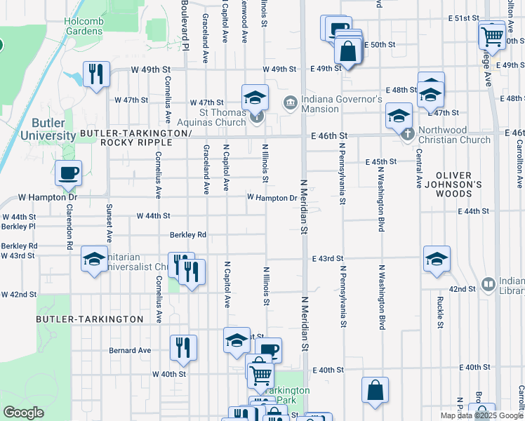map of restaurants, bars, coffee shops, grocery stores, and more near 119 West 44th Street in Indianapolis