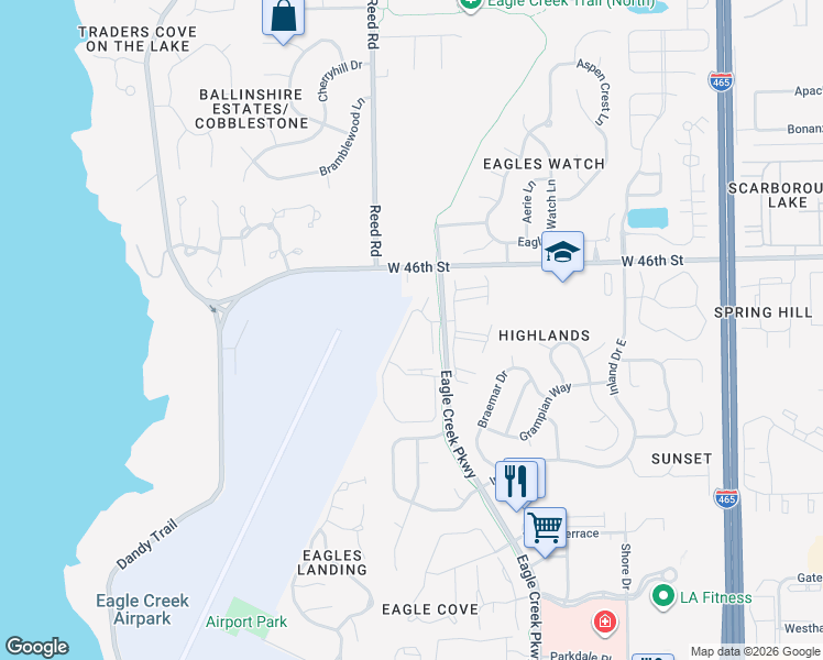map of restaurants, bars, coffee shops, grocery stores, and more near 4351 Village Parkway Circle West in Indianapolis