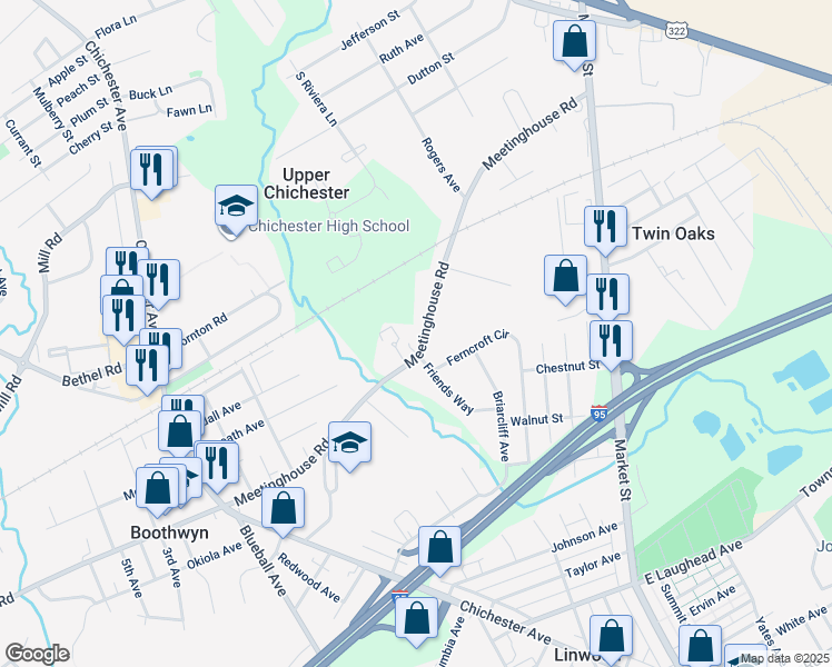 map of restaurants, bars, coffee shops, grocery stores, and more near 652 Meetinghouse Road in Boothwyn