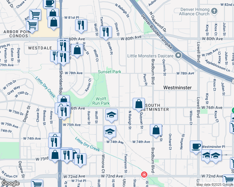 map of restaurants, bars, coffee shops, grocery stores, and more near 7664 Stuart Street in Westminster