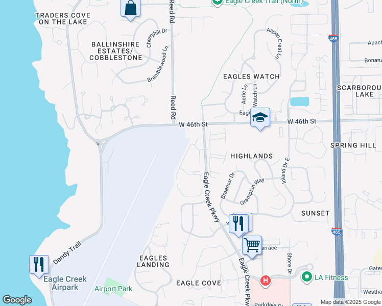 map of restaurants, bars, coffee shops, grocery stores, and more near 4470 Village Lane in Indianapolis