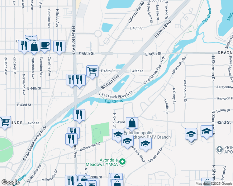 map of restaurants, bars, coffee shops, grocery stores, and more near 4355-4413 East Fall Creek Parkway North Drive in Indianapolis