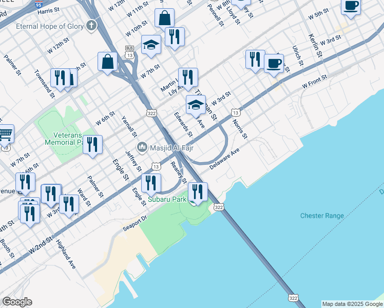 map of restaurants, bars, coffee shops, grocery stores, and more near 114 Abbott Street in Chester