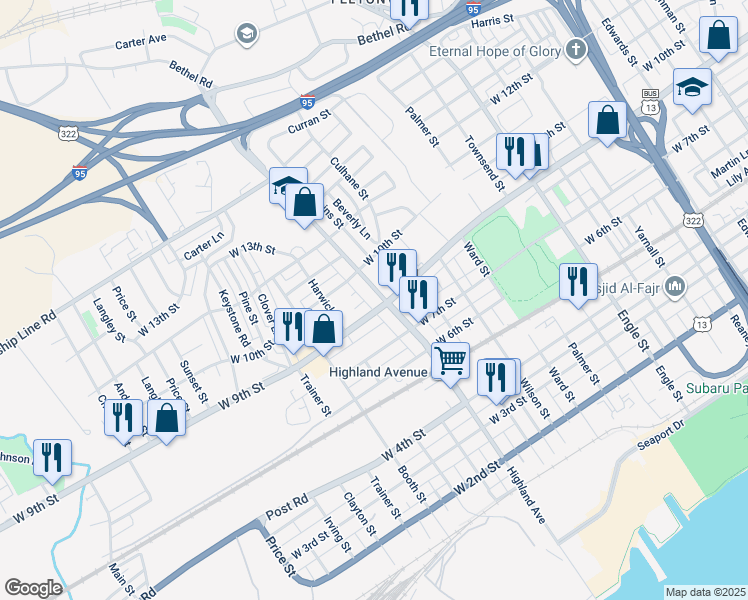 map of restaurants, bars, coffee shops, grocery stores, and more near 910 Highland Avenue in Chester